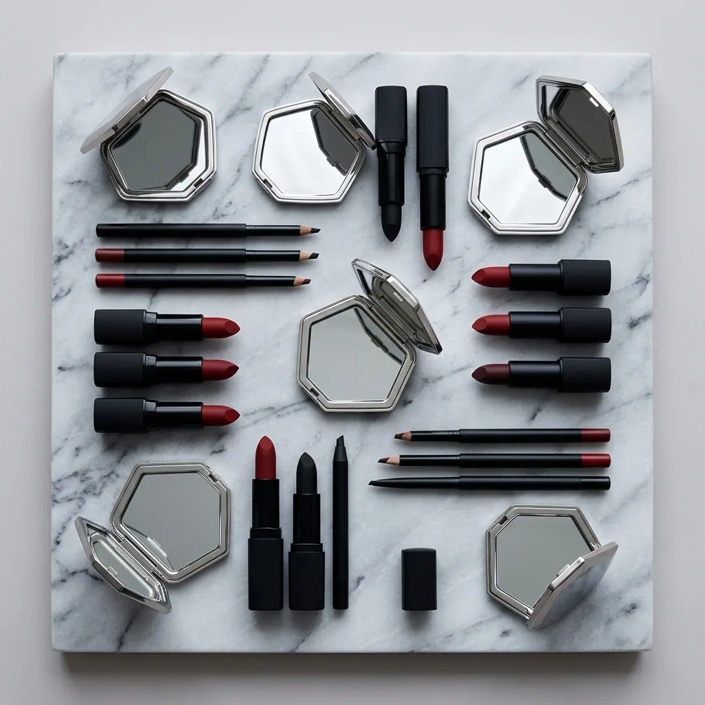 Editorial flat lay of sharp graphic makeup tools and bold matte lip products arranged on a cool marble surface