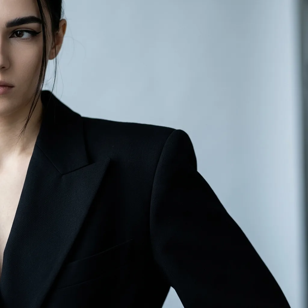 Close-up torso crop of a model in structured angular fashion showing bold defined brow and sharp eye geometry