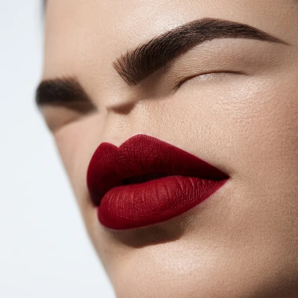Macro detail of bold matte lip and angular brow geometry against clean neutral skin