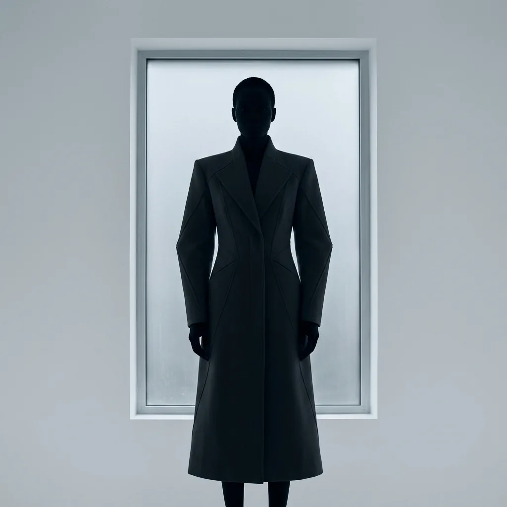 Moody editorial silhouette of a tall angular figure in dramatic structured fashion against a soft neutral backdrop