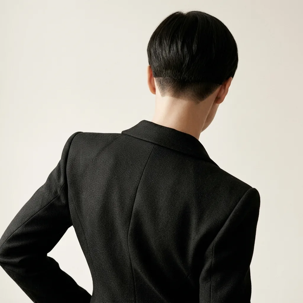 Editorial close-up of a sharp geometric pixie cut on a cropped torso silhouette against a soft neutral background