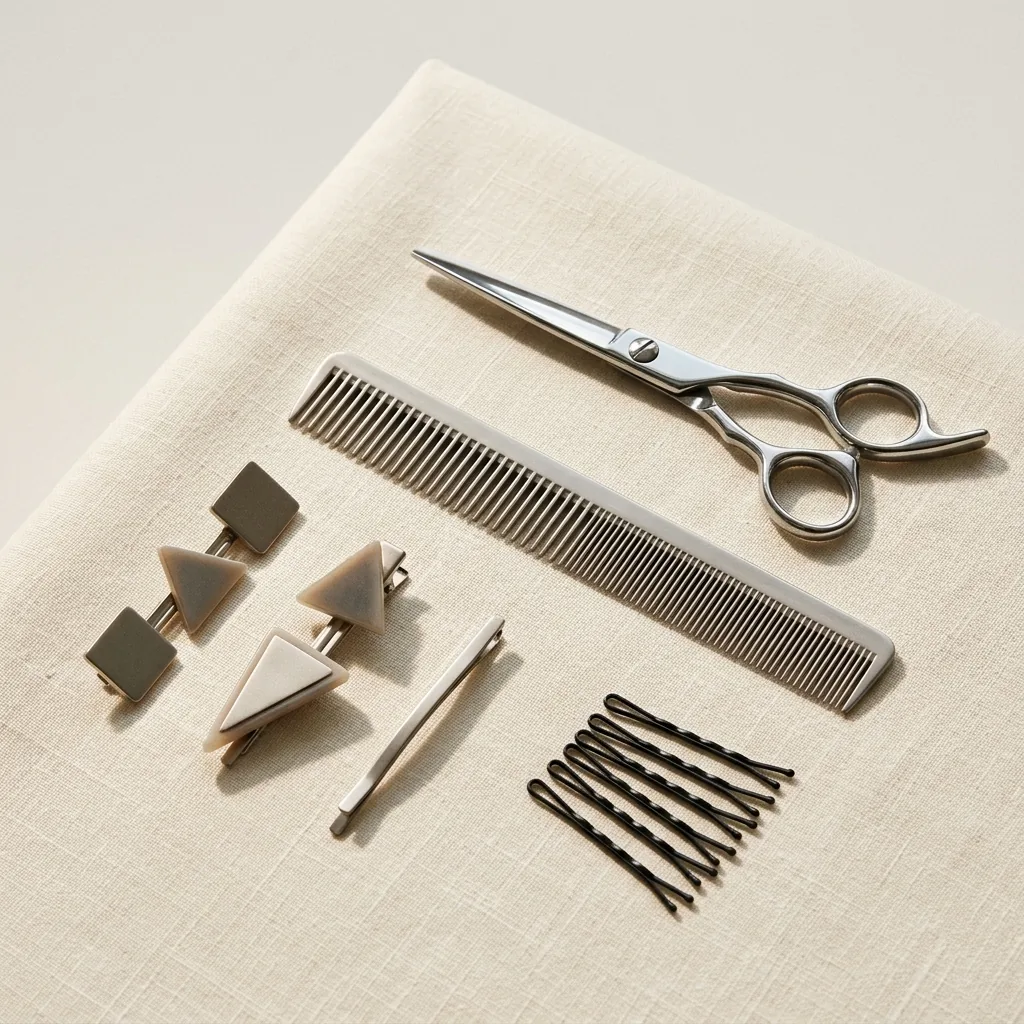 Flat lay of sharp styling tools and graphic hair accessories arranged in a geometric composition on a neutral surface