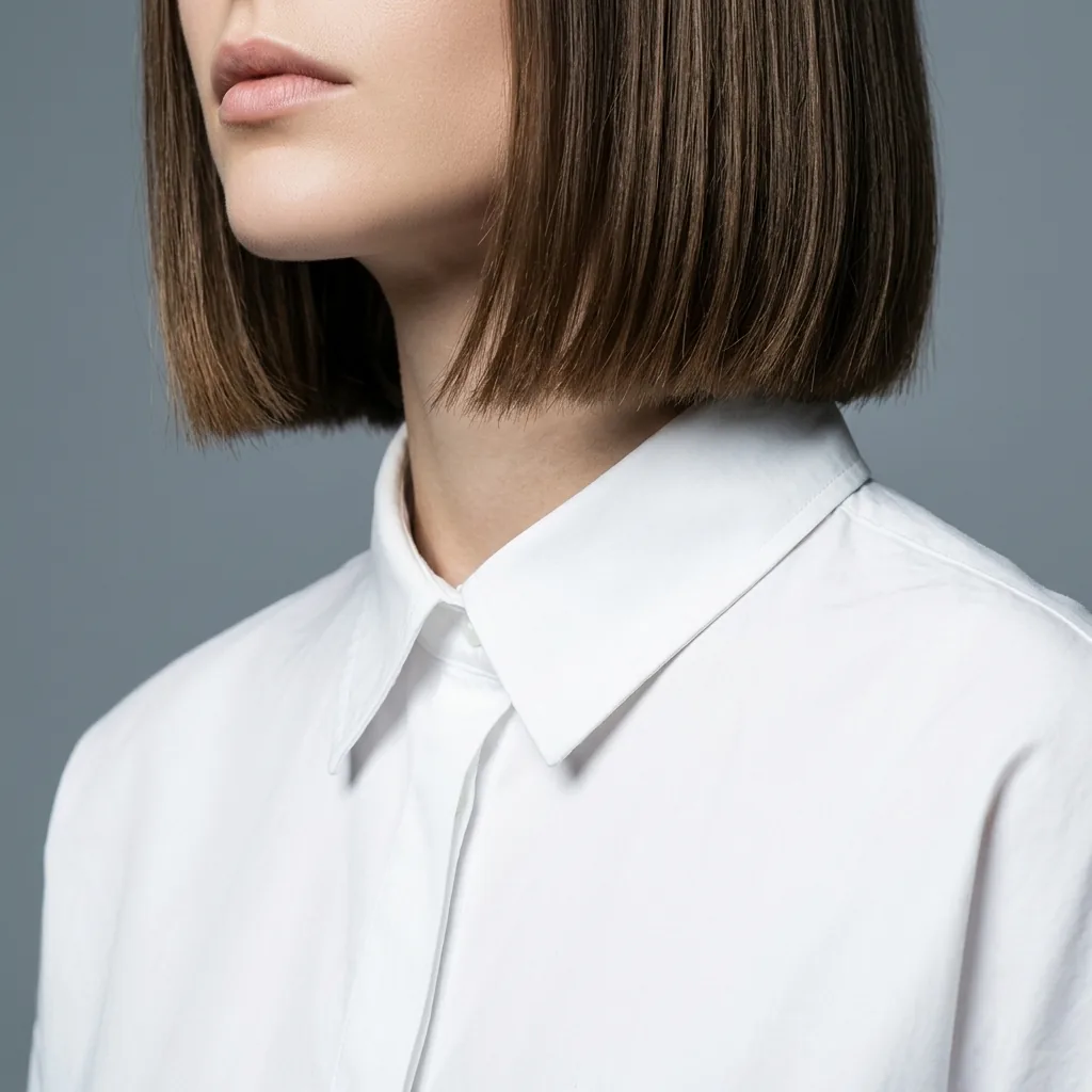 Torso crop of a structured cropped blunt bob silhouette with a sharp jaw-line cut against a soft studio backdrop