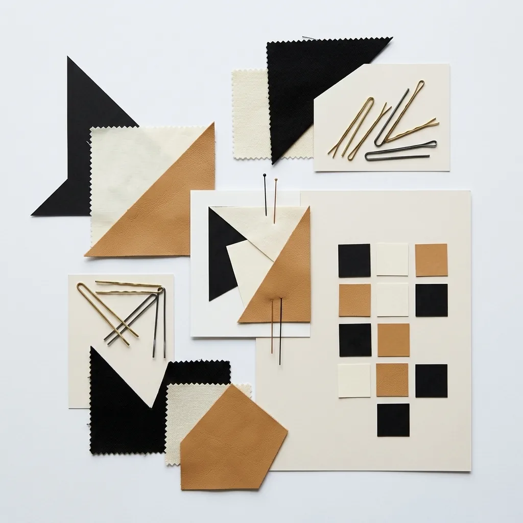 Mood board editorial flat lay of bold graphic textures, contrasting fabric swatches, and angular shapes evoking flamboyant gamine energy