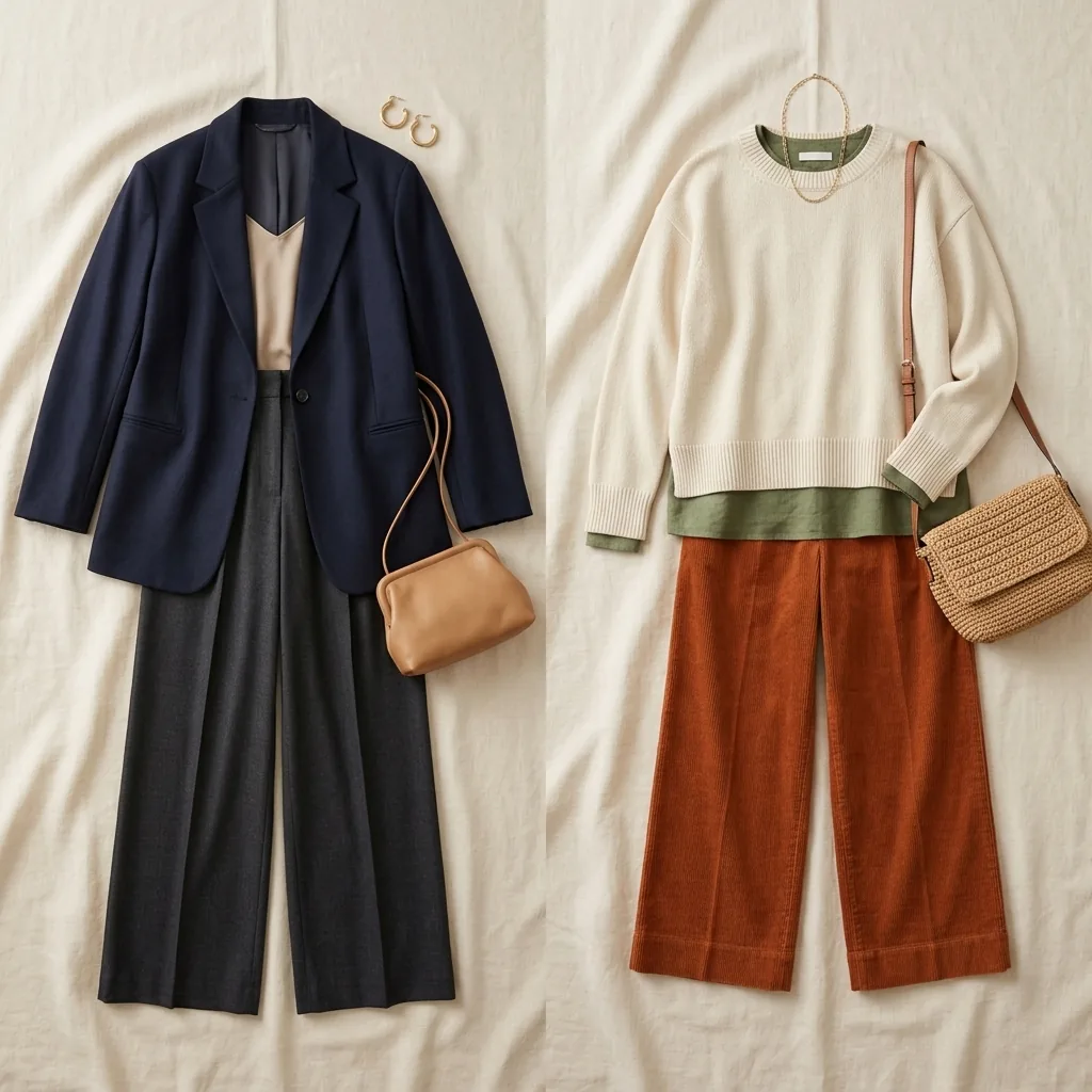 Editorial flat lay comparing two distinct fashion silhouettes on neutral linen background