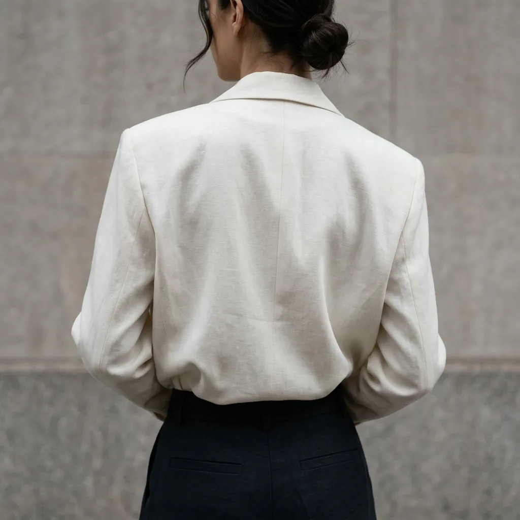 Torso crop showing broad angular shoulders in relaxed draped fabric with strong vertical line