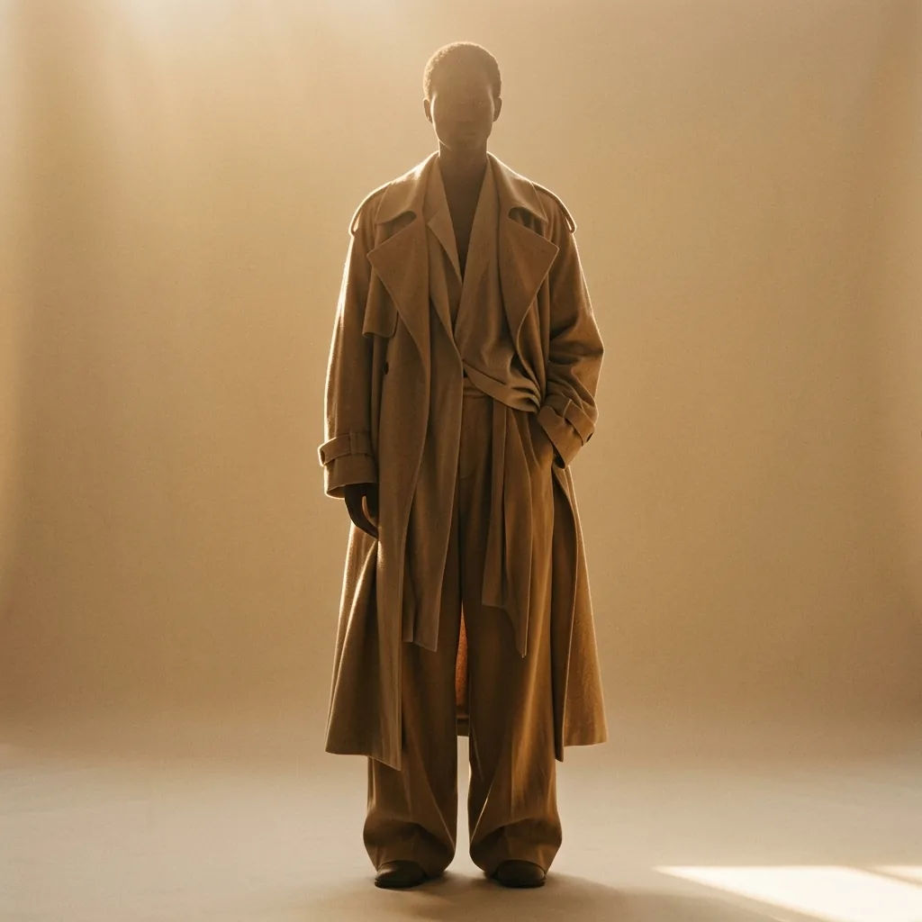 Moody editorial silhouette of a tall relaxed figure in flowing natural-toned layers against warm neutral backdrop