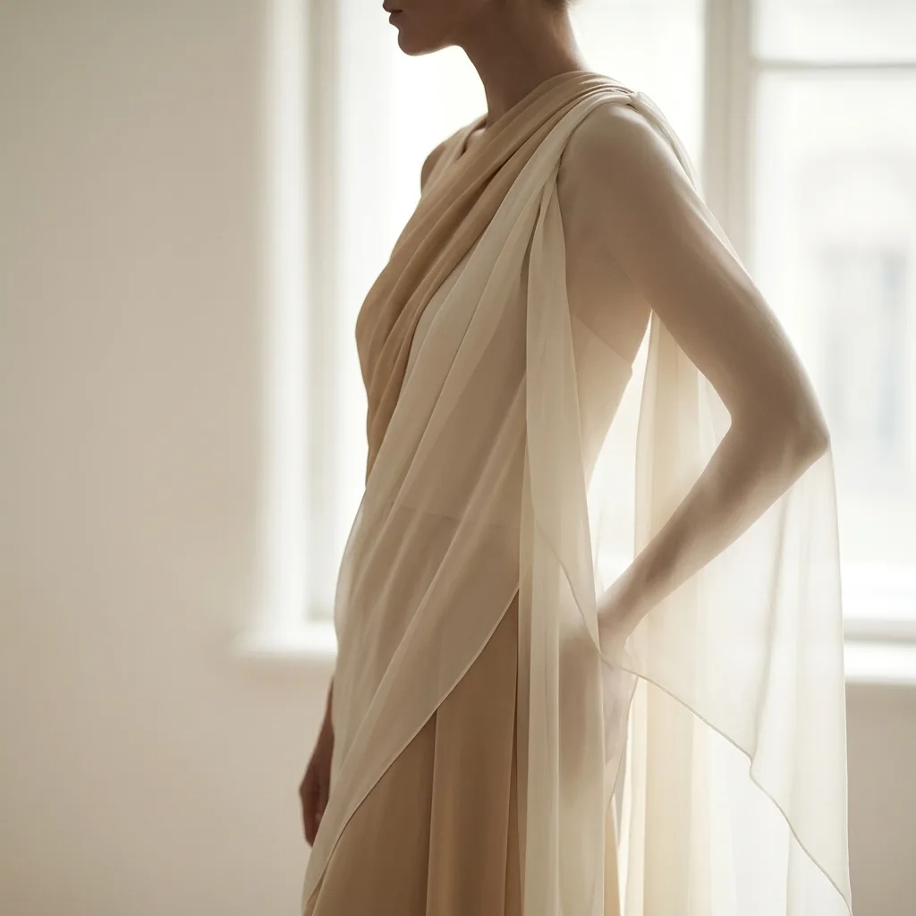 Editorial silhouette of a woman's torso draped in flowing neutral fabric against a soft cream background, emphasizing body line and proportion