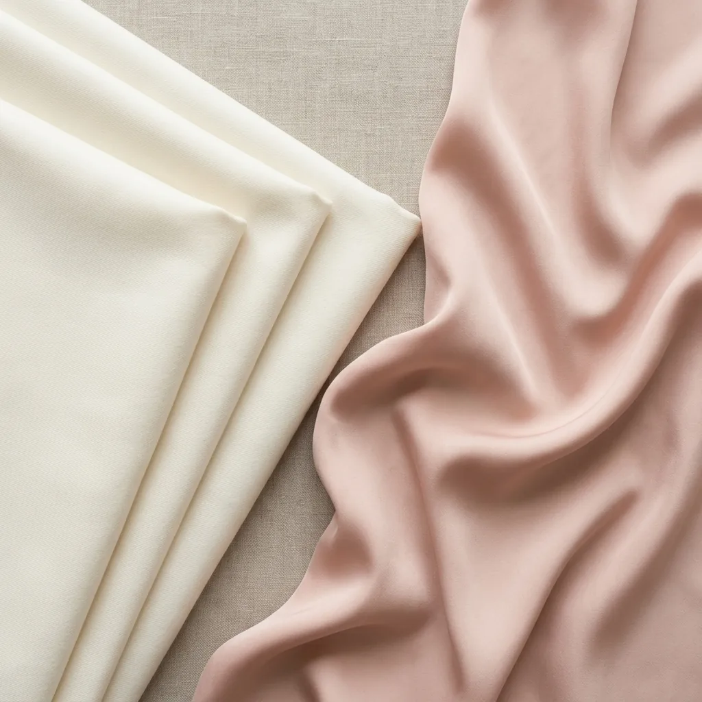 Flat lay mood board of contrasting fabric textures showing angular structured wool beside soft draped silk to illustrate sharp versus soft body line concepts