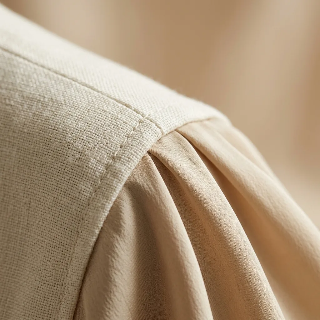 Close-up editorial fabric macro of a tailored shoulder seam transitioning into a soft draped neckline, symbolizing the spectrum from angular to rounded in Kibbe body typing