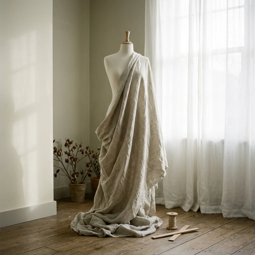 Serene editorial mood shot of a lone clothing form draped in neutral linen fabric near a softly lit window, evoking quiet self-discovery and personal style clarity