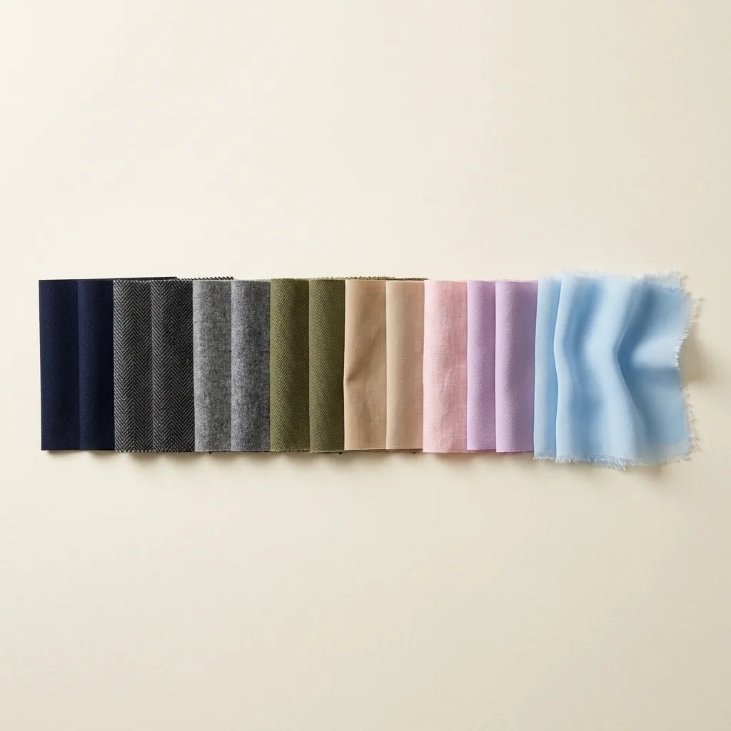 Editorial flat lay of diverse fabric swatches arranged along a soft spectrum from structured sharp angles to soft draped curves on a warm neutral background