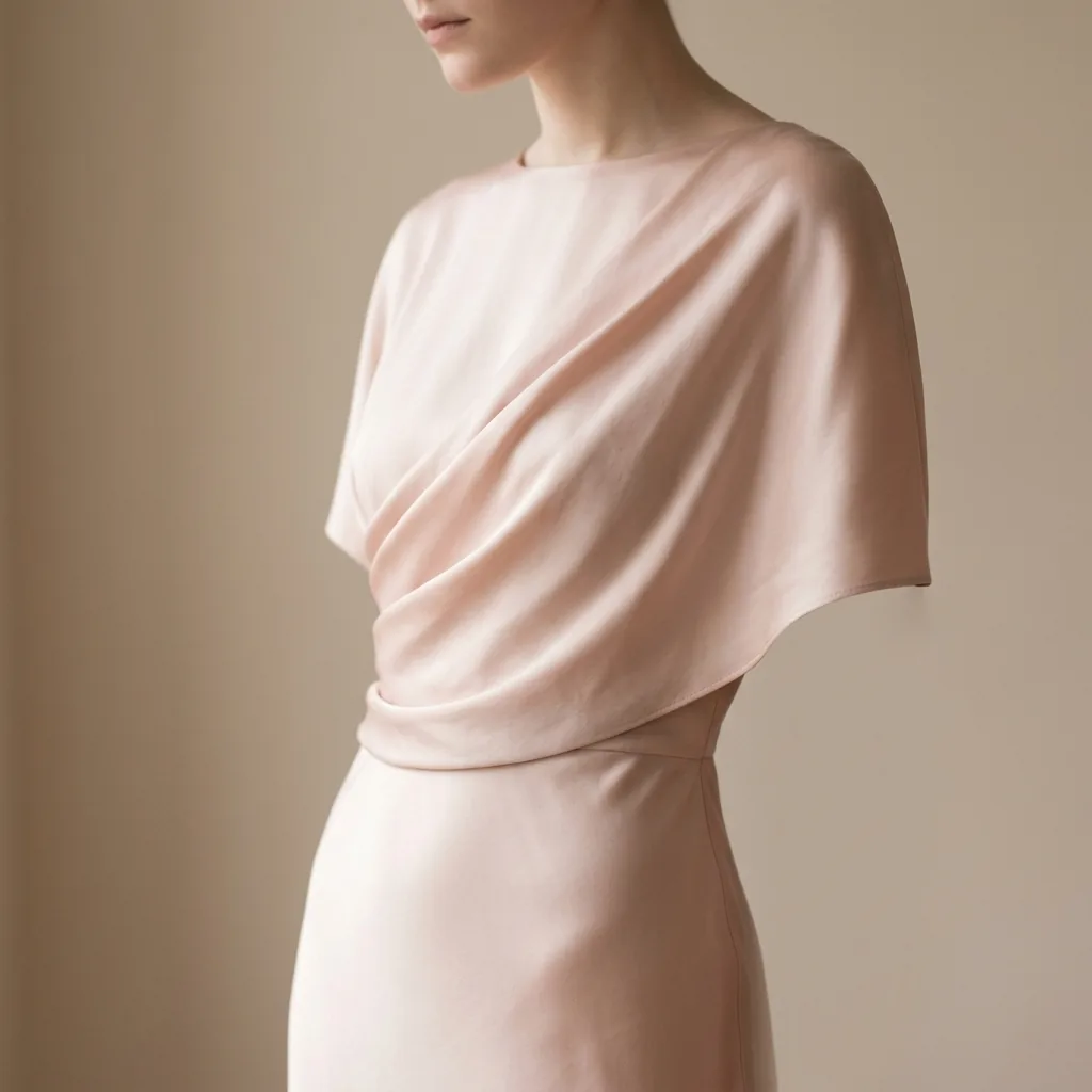 Close-up torso crop of a draped silk dress on a soft feminine silhouette showing yin body line contrast against a neutral studio background