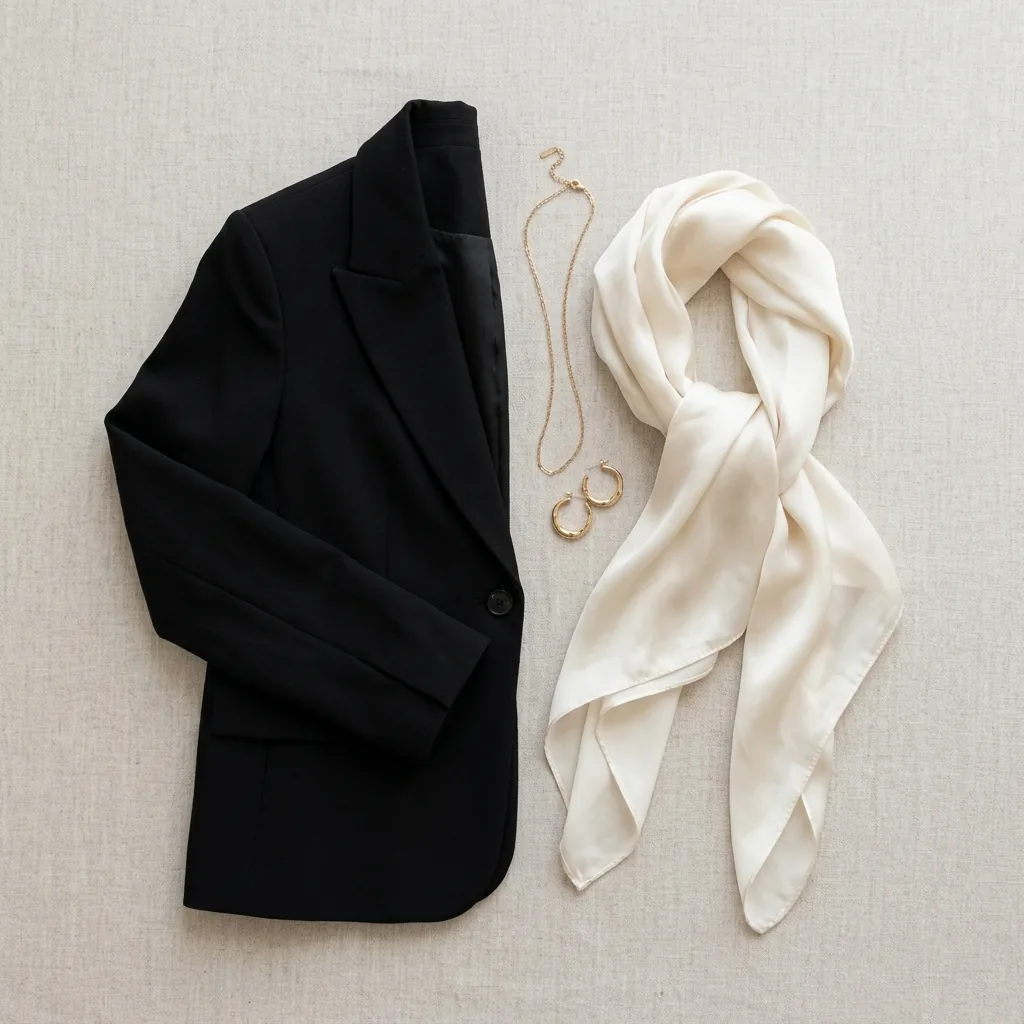Fashion mood board flat lay of structured blazer, tailored trousers, delicate jewelry and soft scarf representing the yang to yin Kibbe spectrum