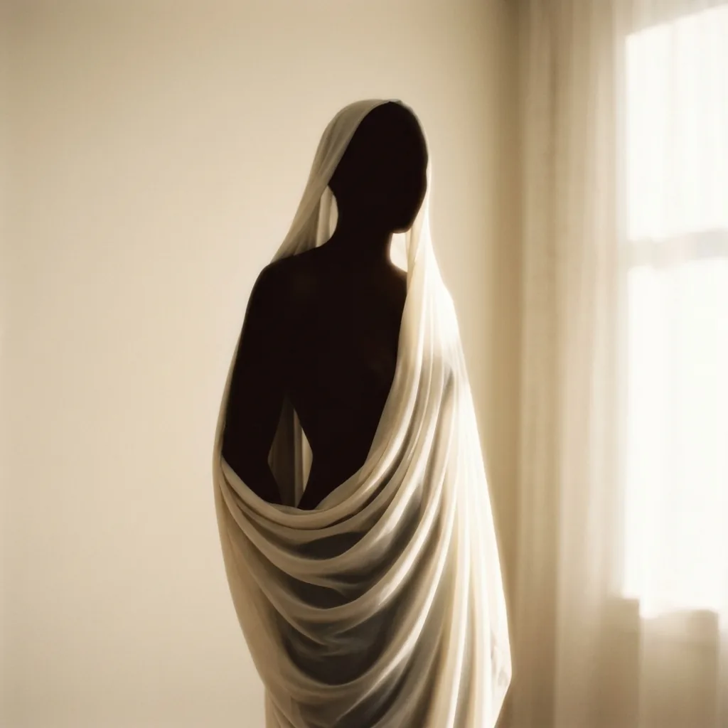 Soft editorial silhouette of a figure in flowing fabric against warm backlit natural light evoking the beauty of body type diversity