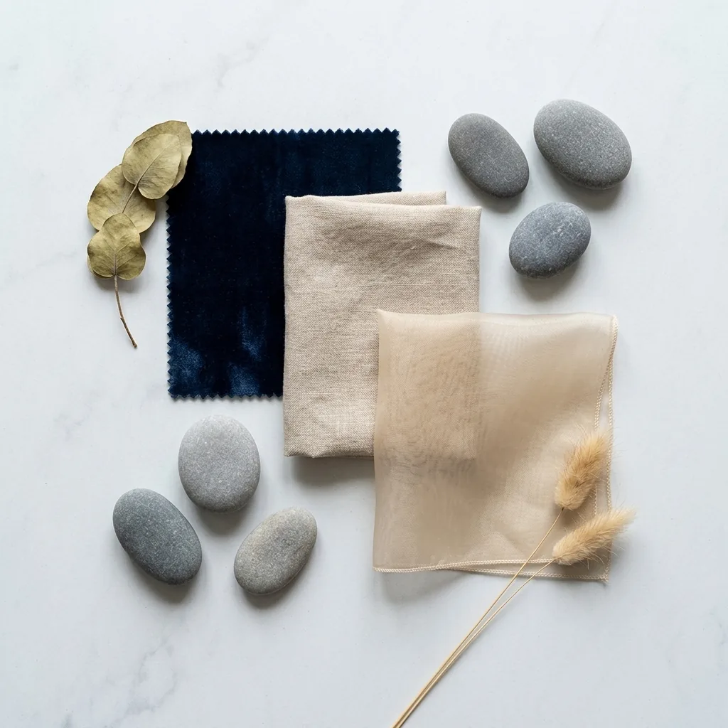 Mood board flat lay of fabrics textures and soft objects representing aesthetic energy and psychological essence in style