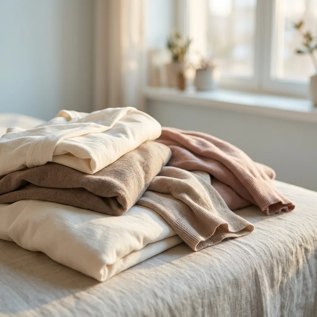 Soft editorial still life of layered textiles evoking personal style harmony and the feeling of a perfectly aligned wardrobe