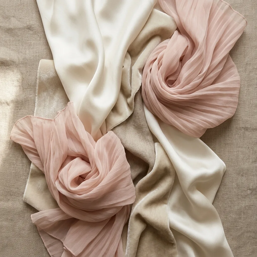 Soft draped silk and chiffon fabrics arranged in romantic editorial flat lay