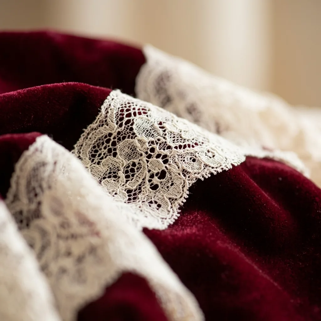 Close-up macro of luxurious velvet and soft lace fabric textures in warm tones