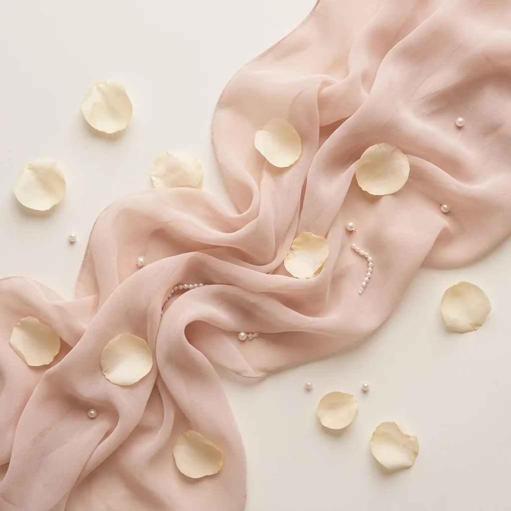 Romantic mood flat lay with chiffon, pearls, and soft rose petals on neutral surface