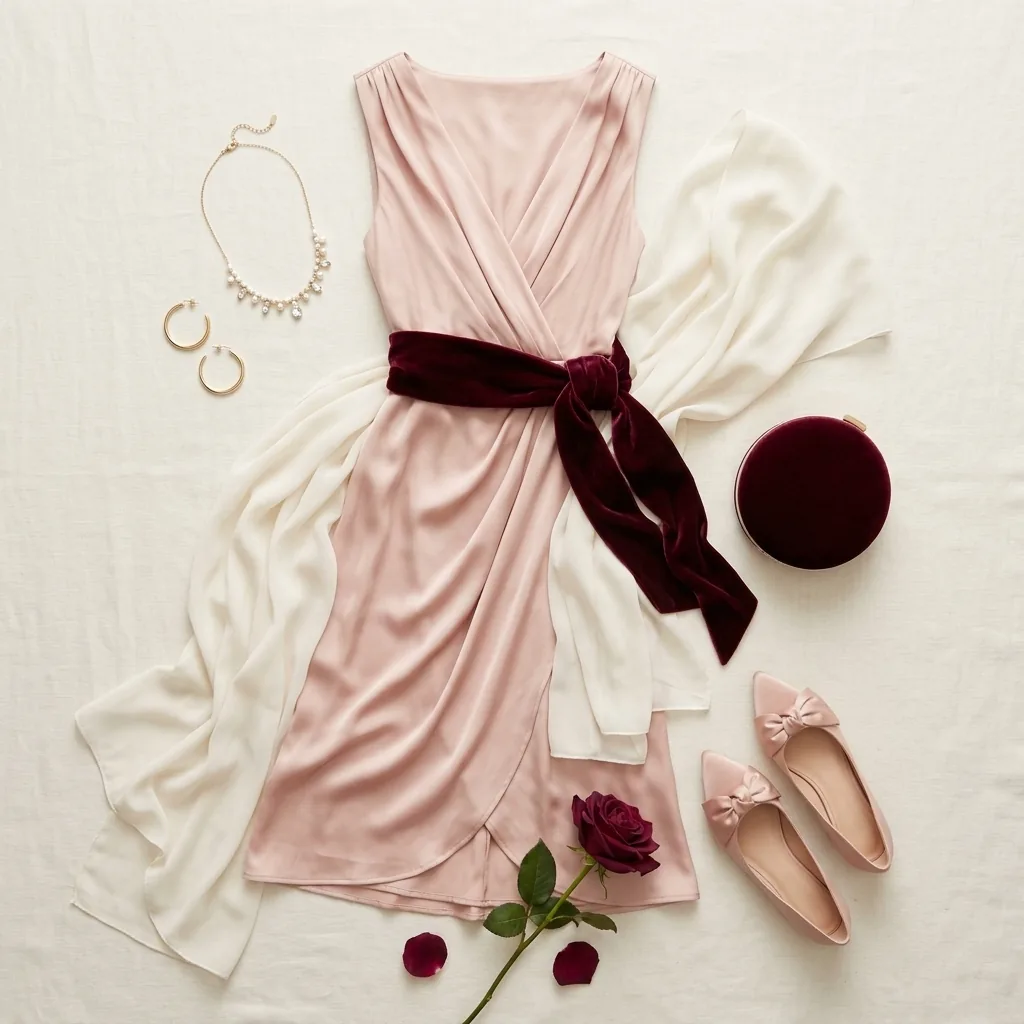 Editorial flat lay of romantic Kibbe outfit essentials including draped silk dress, velvet sash, and chiffon wrap arranged on soft ivory linen
