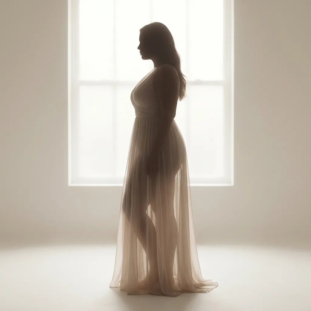 Moody editorial silhouette of a curved feminine figure in a flowing draped dress backlit by soft natural window light