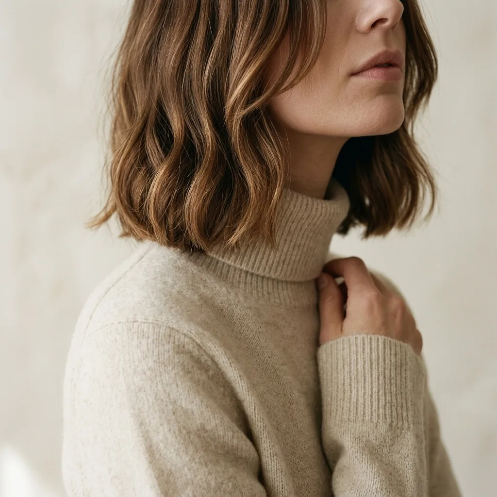 Editorial torso crop of a woman with a textured wavy bob hairstyle, soft gamine style