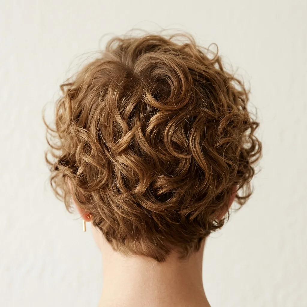 Close-up of a short textured pixie cut with soft curls and volume on top