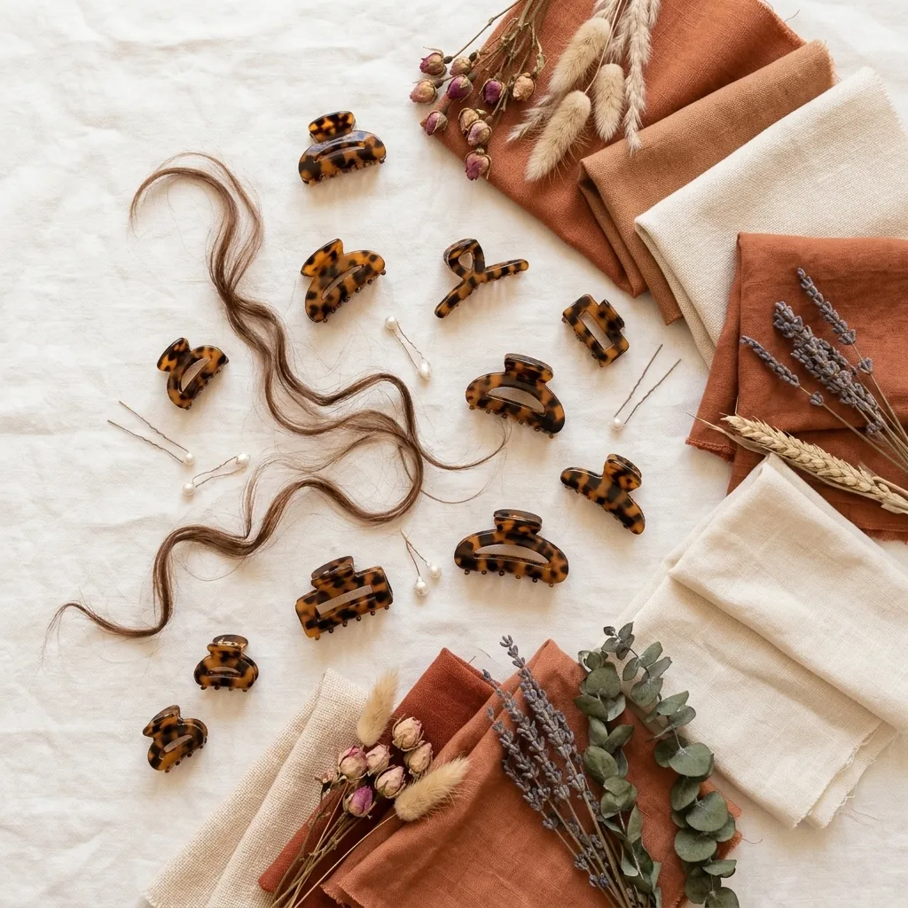 Flat lay mood board of hair accessories and texture swatches evoking soft gamine style