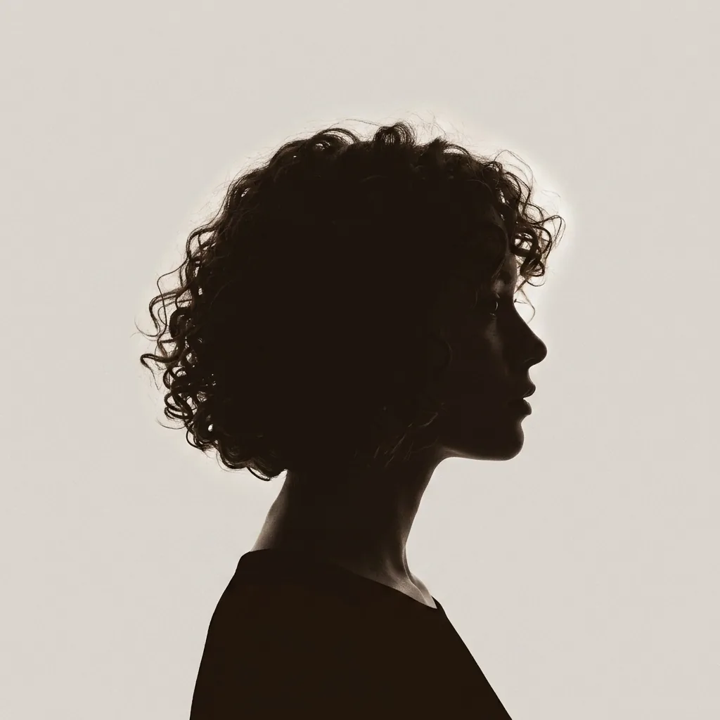 Silhouette of a petite woman with a chin-length curly bob, confident editorial pose
