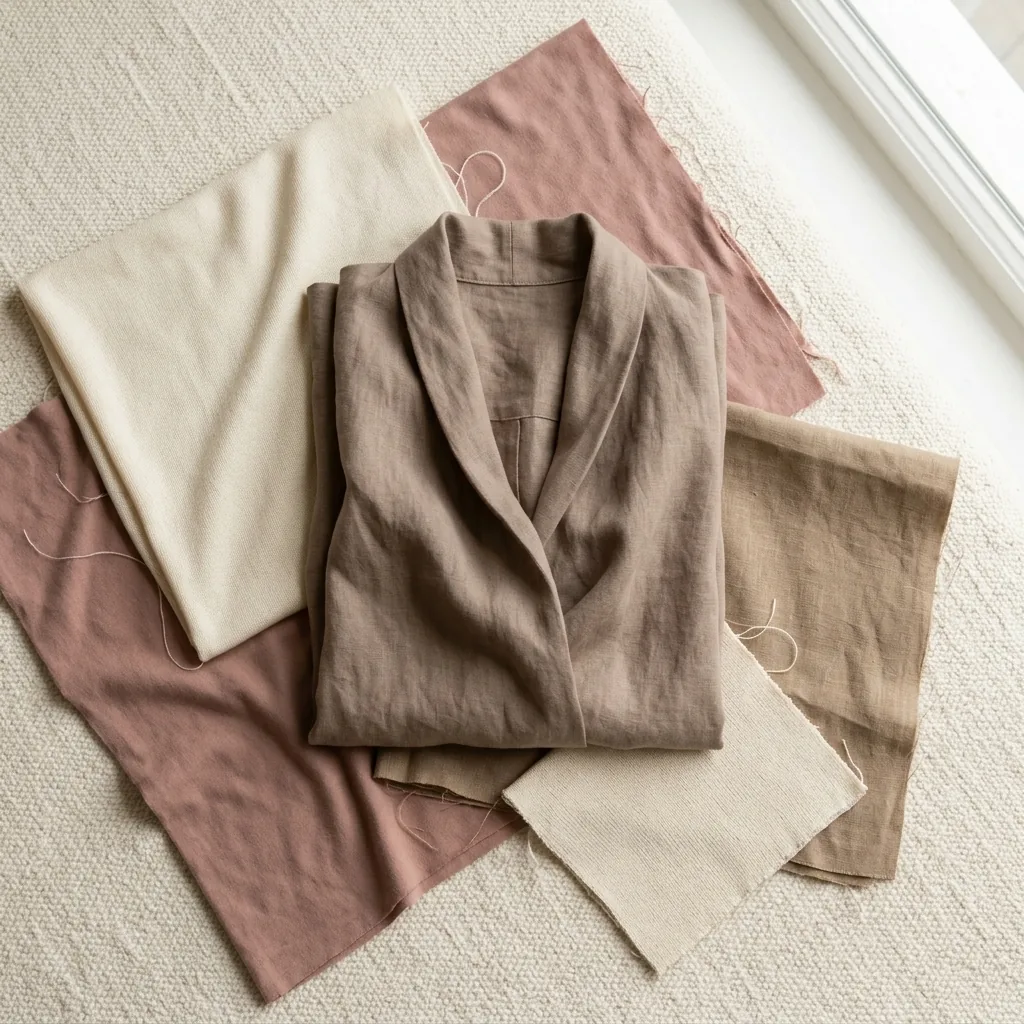 Editorial flat lay of draped linen and soft jersey fabrics in earthy neutral tones arranged loosely on a cream background