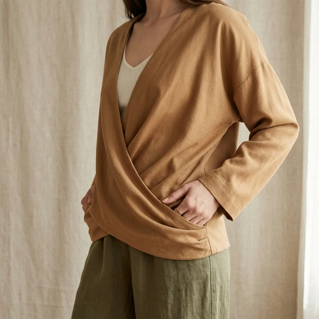 Torso crop of a relaxed draped wrap top with soft waist definition in muted earthy fabric