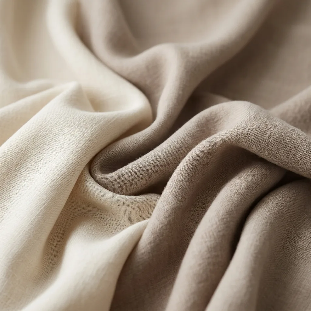 Close-up fabric macro of flowing draped textiles in warm neutral tones showing soft movement and texture