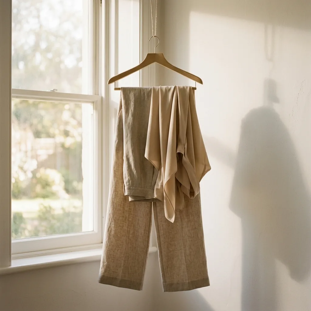 Mood board silhouette of a relaxed effortless outfit hanging against warm natural light with earthy tones