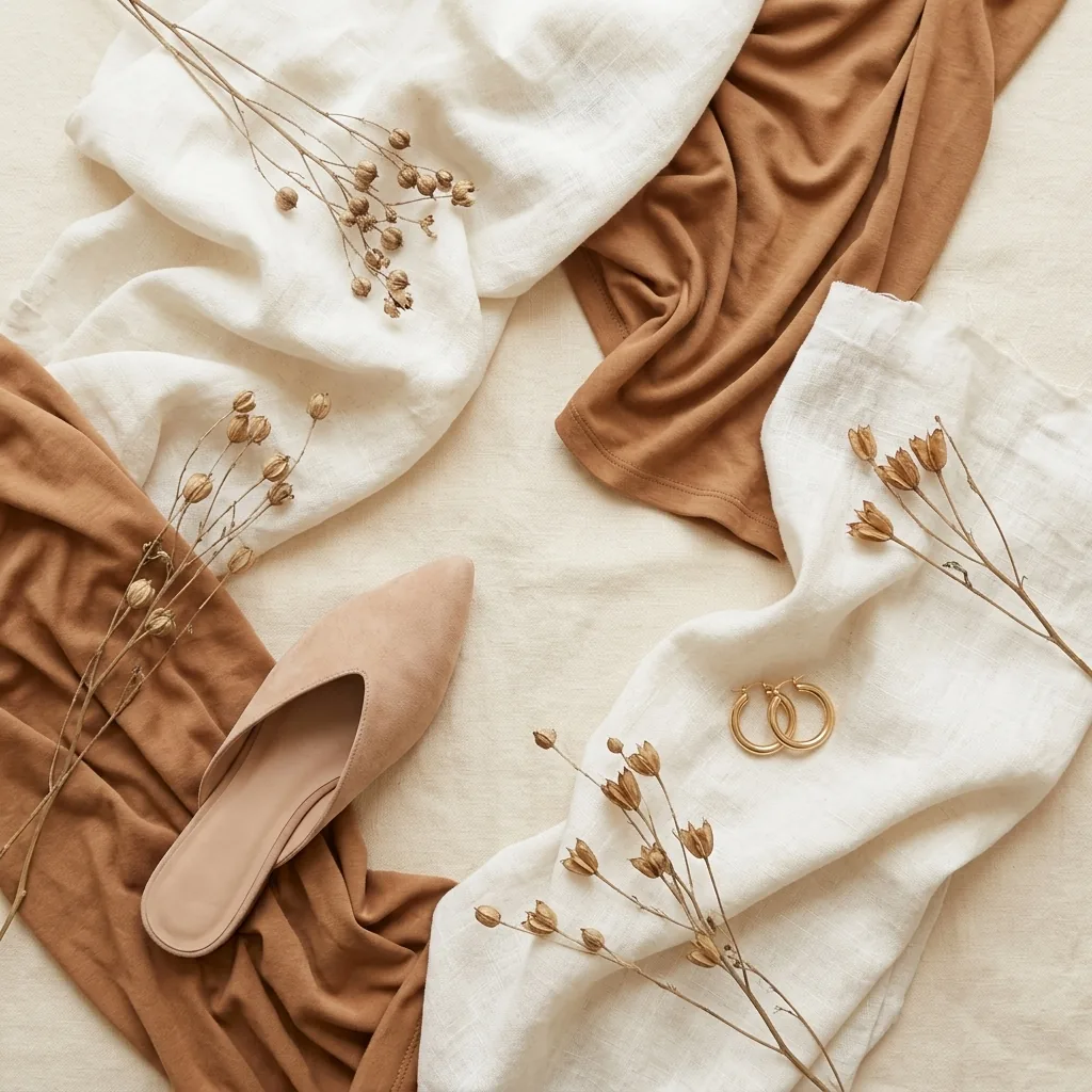 Soft natural style editorial flat lay with draped linen, warm earth tones, and flowing fabric textures