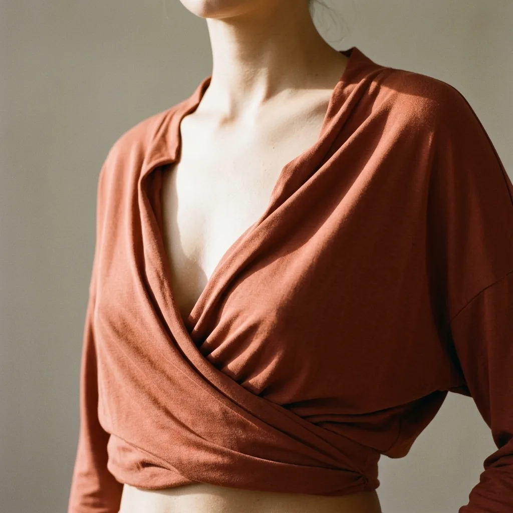Torso crop of draped wrap silhouette in warm earth tones showing soft natural body-skimming fit