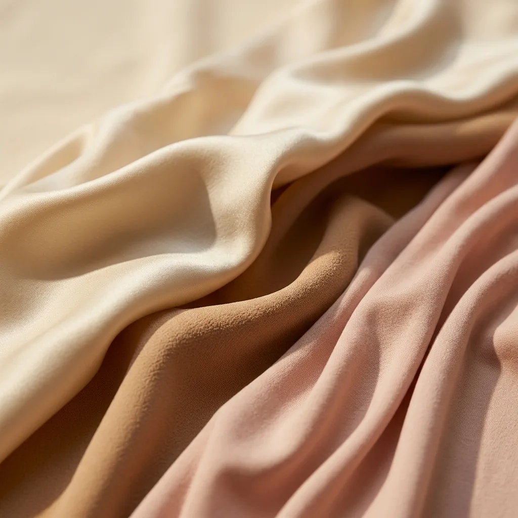 Close-up fabric macro of flowing bohemian textiles in warm neutrals representing soft natural dressing