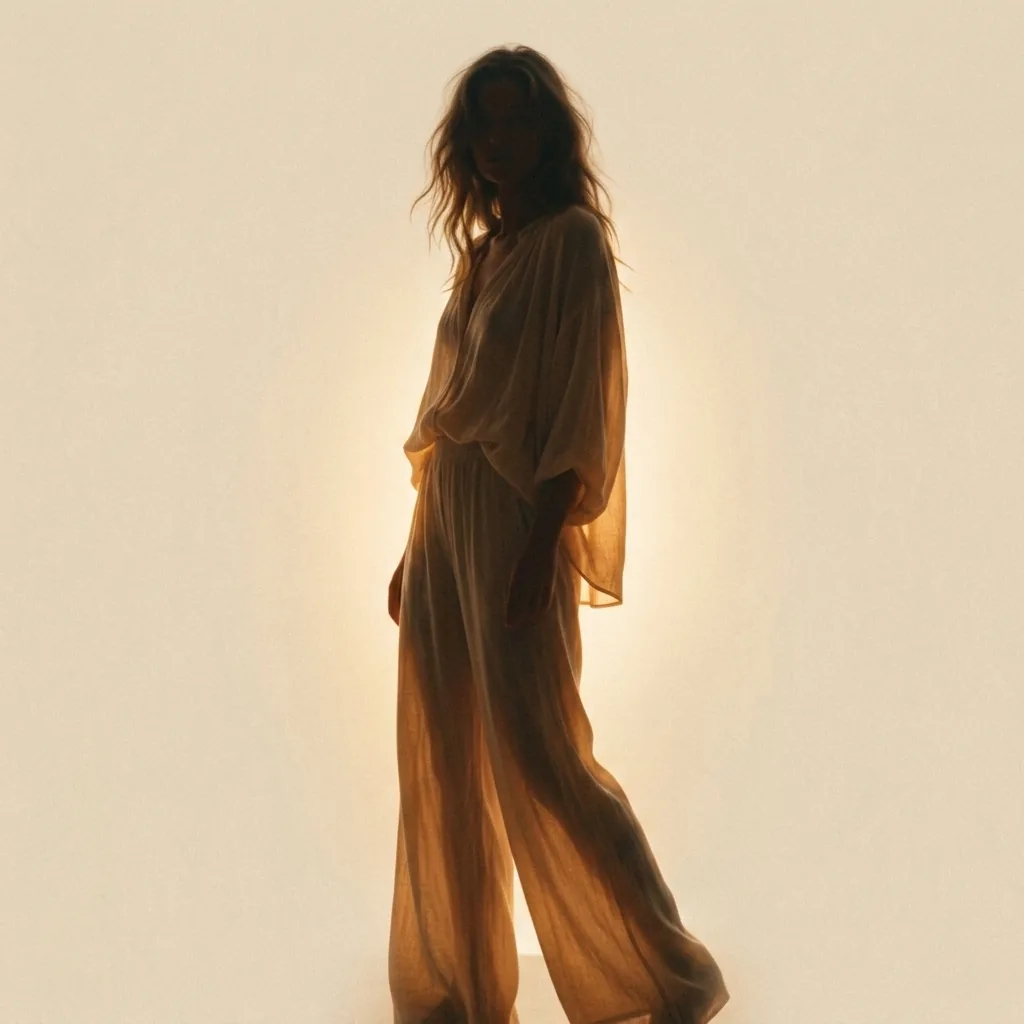 Moody editorial silhouette of relaxed feminine figure in fluid silhouette against warm neutral background