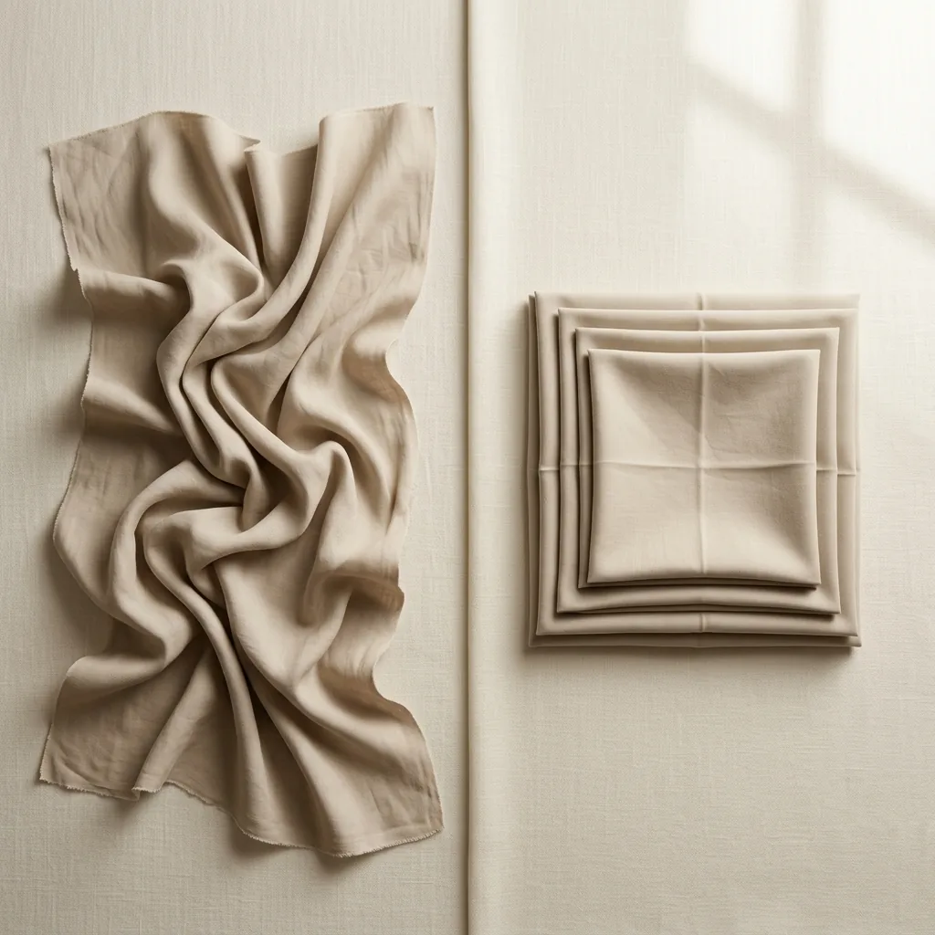 Side-by-side editorial flat lay comparing relaxed draped fabric and structured balanced fabric in neutral tones