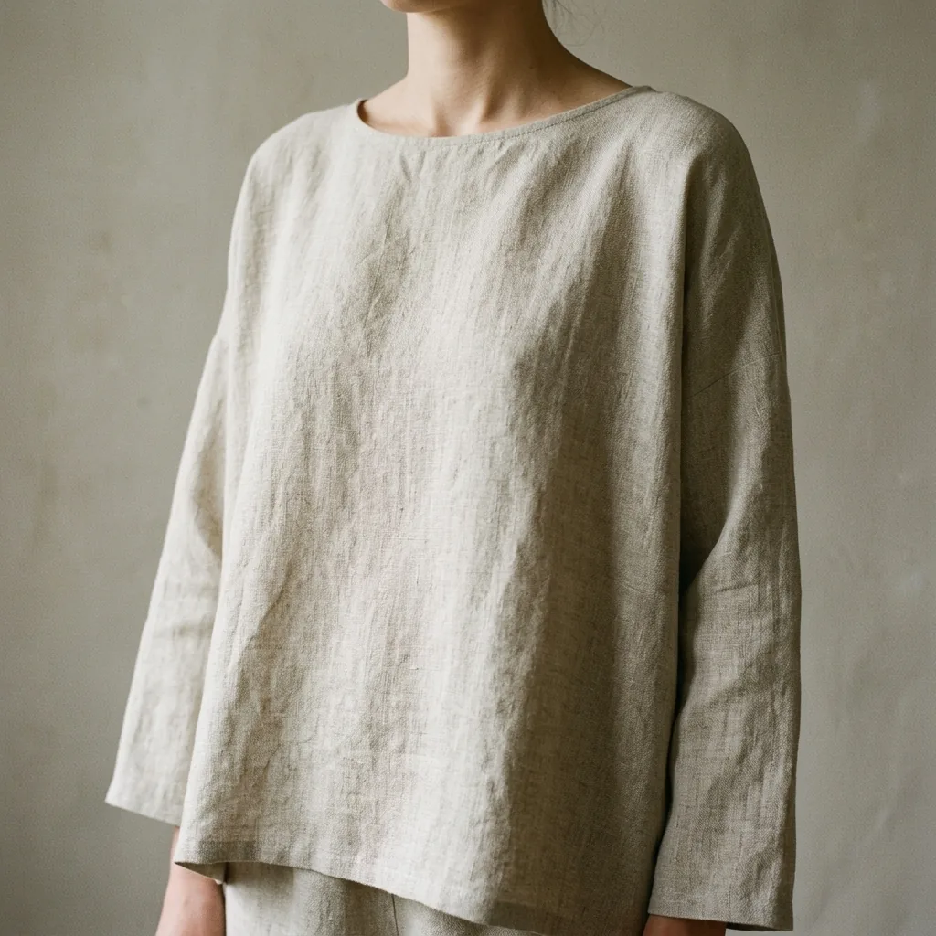 Editorial torso crop showing broad relaxed silhouette in soft draped natural fabric