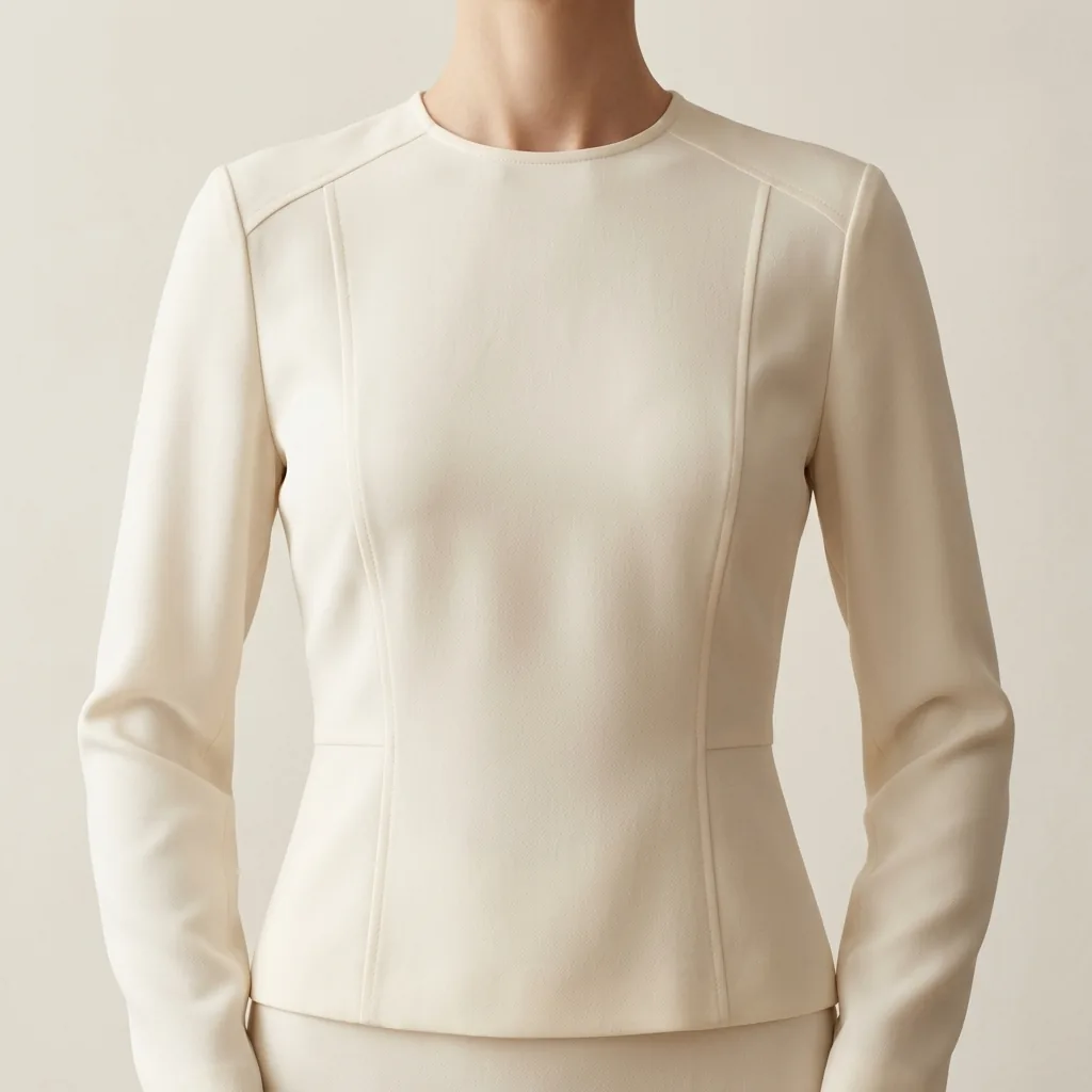 Editorial torso crop showing balanced symmetrical silhouette in smooth classic fabric