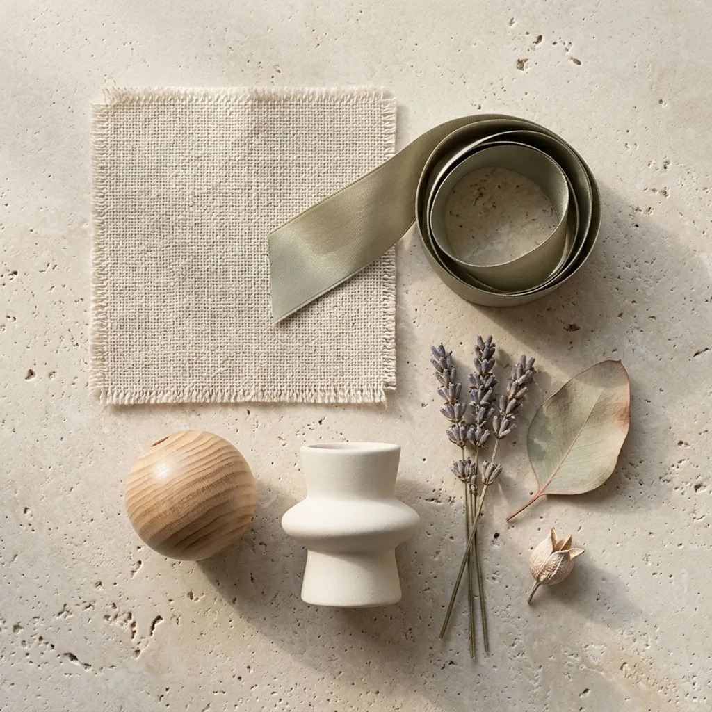 Mood flat lay of soft natural and soft classic styling elements arranged on neutral surface