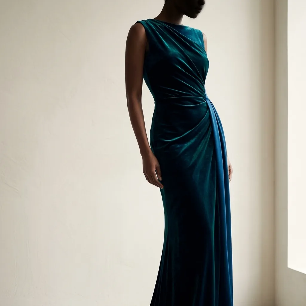 Draped column gown silhouette editorial fashion photograph evoking classic Hollywood glamour