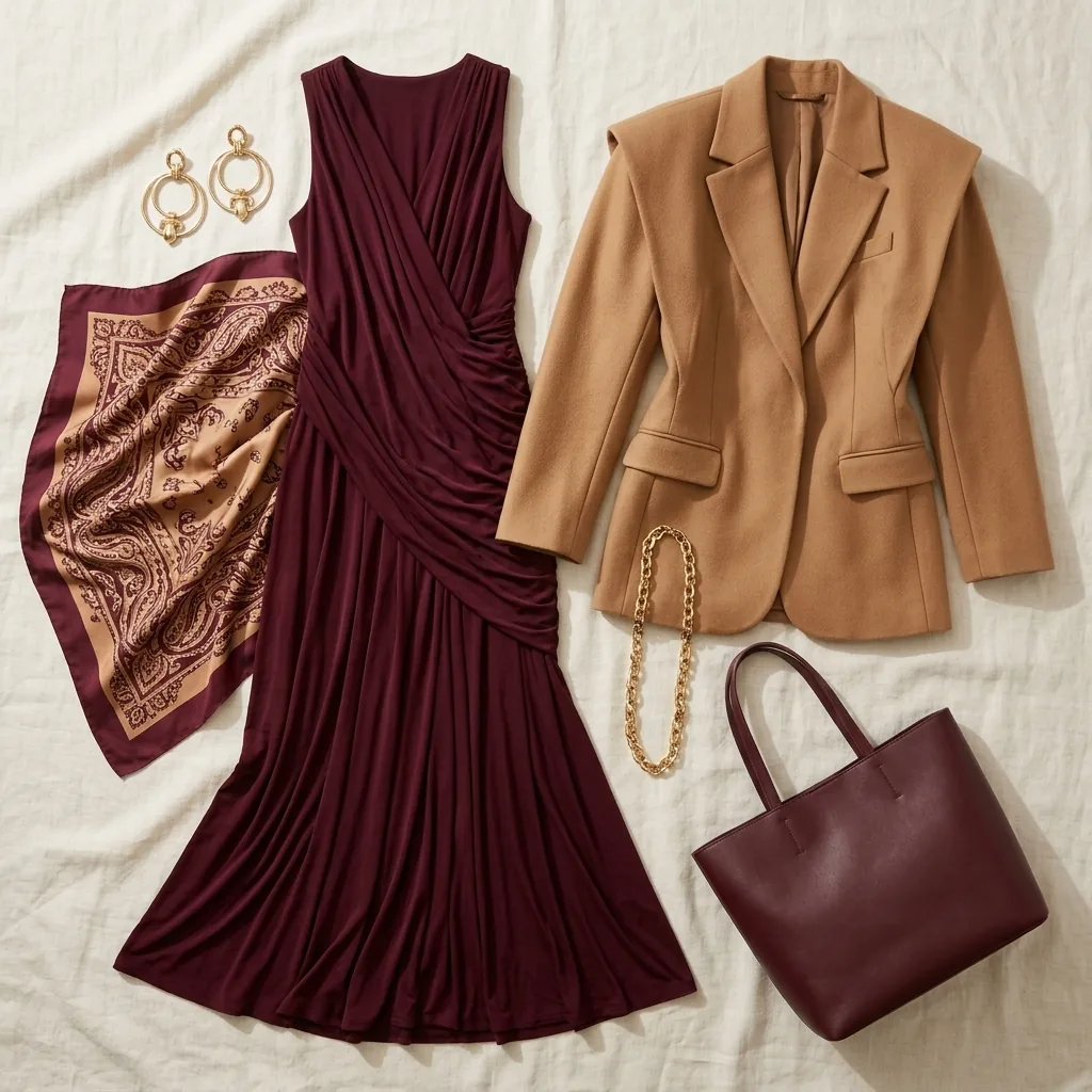 Flat lay of soft dramatic Kibbe wardrobe essentials in rich draped fabrics