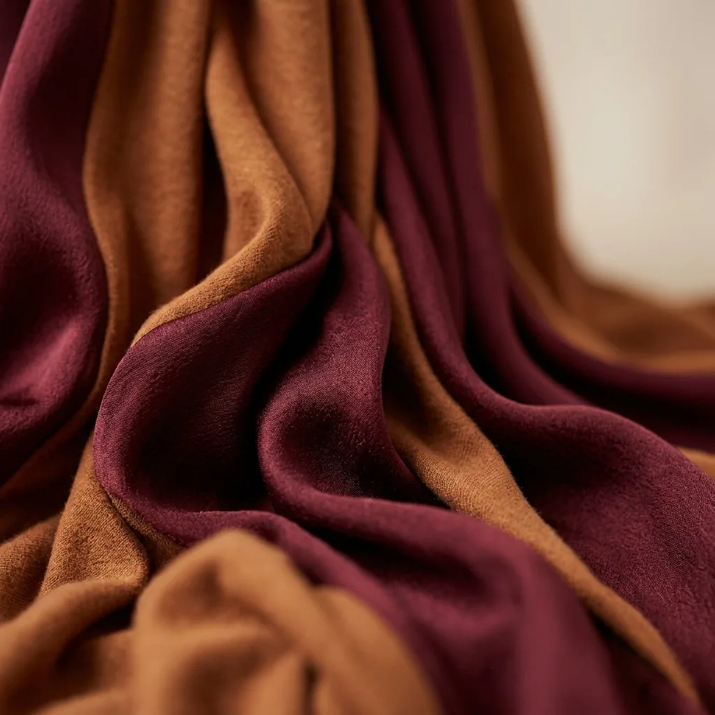 Close-up fabric macro of draped silk and jersey emphasizing yin curves and vertical elongation